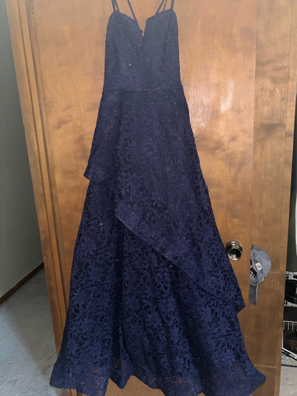 BCX Navy Lace A-Line Dress with Spaghetti Straps